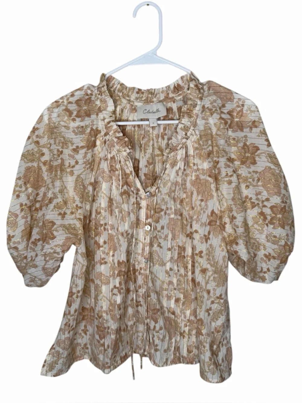 Cleobella Tan Metallic Stripe Floral Puff Sleeve Blouse Size Small Gold Cream - Picture 1 of 8